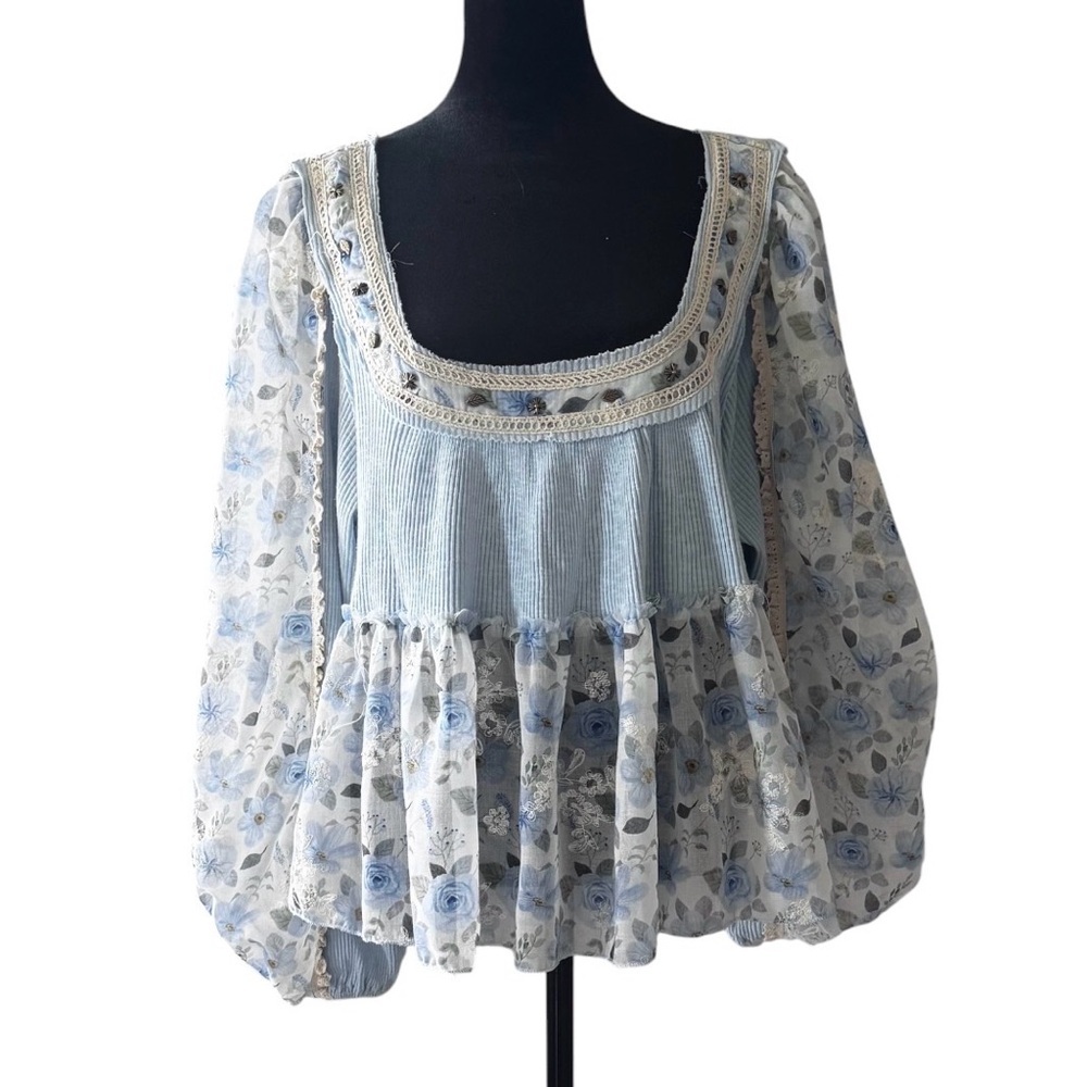 Womens Pol Powder Blue Floral Blouse L - Picture 15 of 16